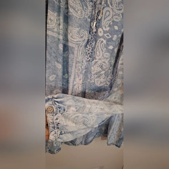 Vintage America Blues Chambray Peasant Boho Embroidered Long Sleeve Top L - Picture 5 of 8